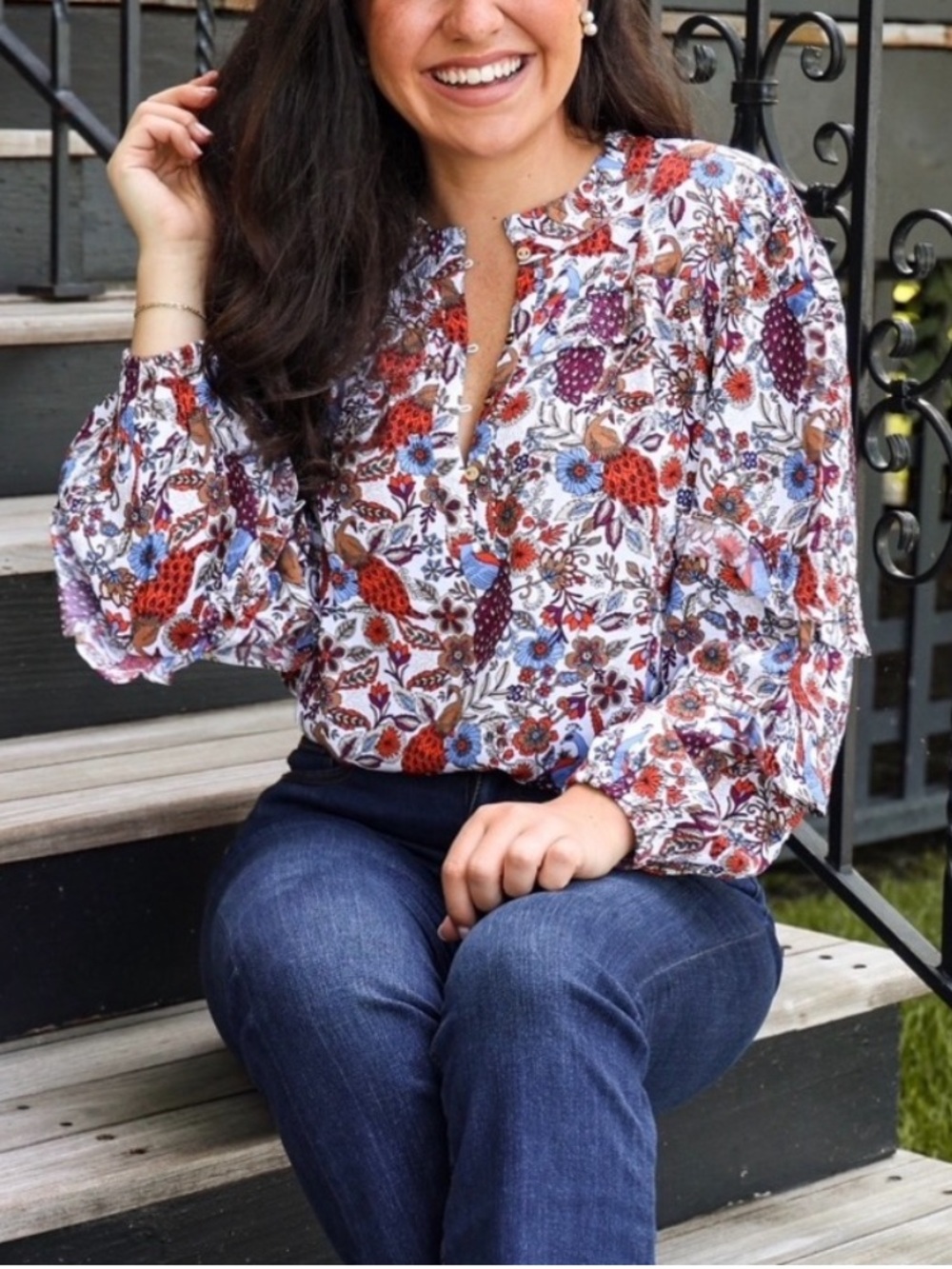 Loft Peacock Print Ruffle Button Blouse - Picture 4 of 13